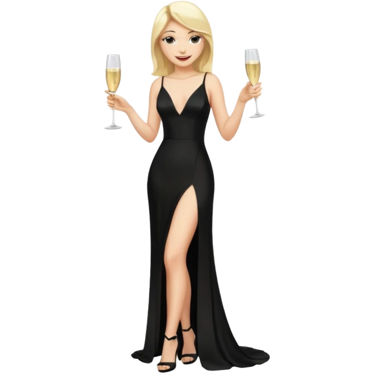 Blonde Woman, Long black slipdress, Slot left Leg,man black Cut,fly, Champagner glas emoji