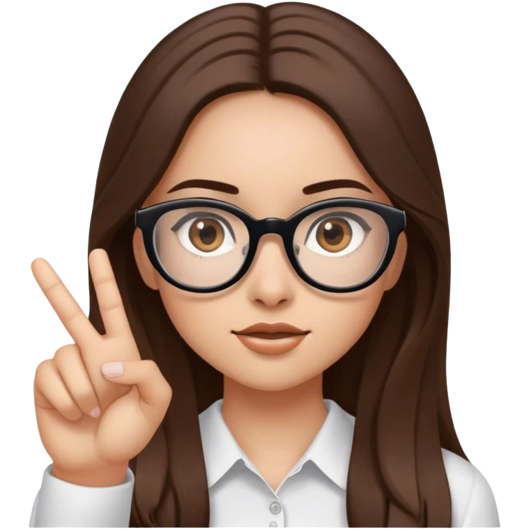 ragazza con capelli castani lunghi, occhiali neri, carnagione chiara, occhi castani, che indica di cliccare sul sito emoji