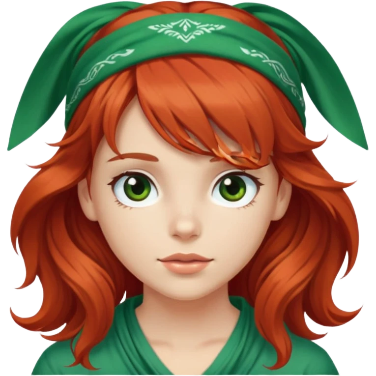 White red-haired girl with wavy long hair, brown eyes, bangs, and a green bandana on her head. emoji