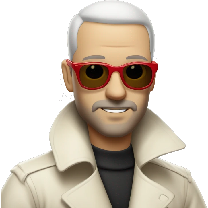 <excerpt>
A 1930s white man with real buzz cut Black hair, beard stubble donning small red tinted sun glasses in a dirty white trench coat, is serious.
</excerpt> emoji
