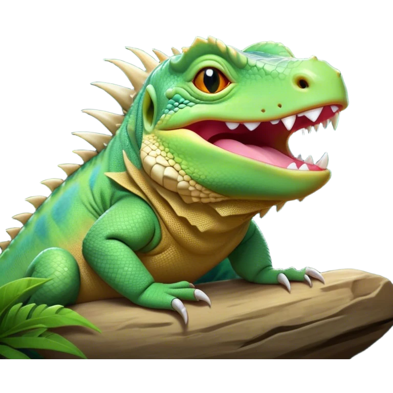 Cinematic Cute Yawning Iguana Portrait Emoji, Head tilted slightly with a dramatic, wide-open yawn, showcasing a sturdy, scaled body with a softly drooping spiky crest and sleepy, half-closed eyes, Simplified yet irresistibly adorable features, highly detailed, glowing with a soft, cozy jungle glow, high shine, relaxed yet expressive, stylized with a dash of whimsical charm, soft glowing outline, capturing the essence of a drowsy yet affectionate iguana that appears ready to stretch out for a nap! emoji