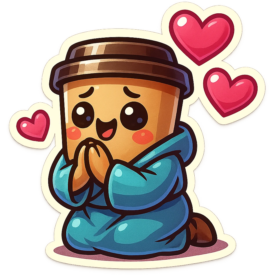 Tall coffee cup, bowing on knees, gushing with love, worship, wearing soft blue monk robes emoji