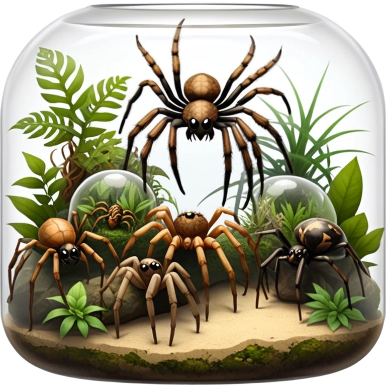 Collage of various spiders, including tarantulas and other exotic species, inside a  terrarium with webs and natural décor. Close-up shots of their intricate legs, eyes, and fuzzy bodies. Soft lighting, transparent background. emoji