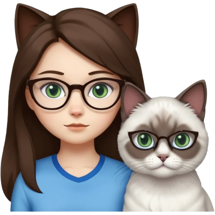 O fata cu parul saten lung ,ochii gri-albastrii ,ochelari și codițe de pisica ..și langa o pisicuță total  alba pufoasa ,cu ochii verzi și o a doua pisica siameza pufoasa cu capul maro inchis-negru și coada ,restul corpului un maro deschis spre alb  cu ochii albaștrii. emoji
