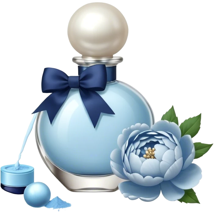 pearl blue vintage style perfume bottle and navy colored peonies and a powder blue bow emoji