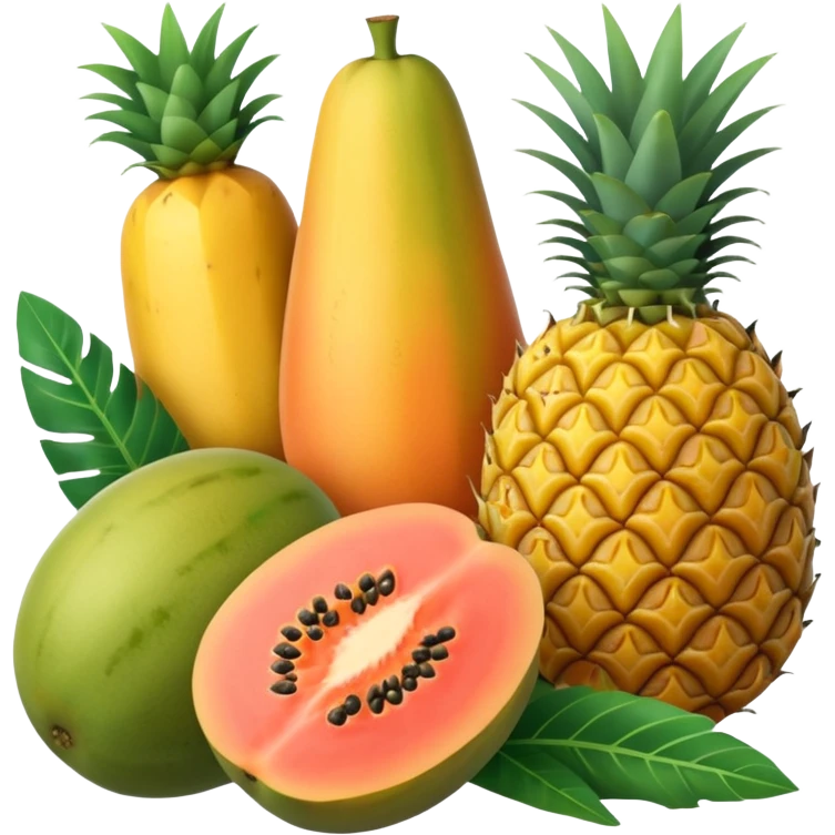 Fresh tropical fruits flatlay (papaya, mango, pineapple) with pastel tones. emoji