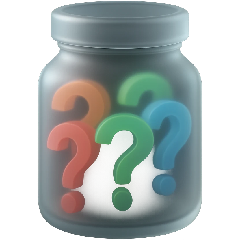 glass jar filled with colorful question marks inside, matte glass style emoji