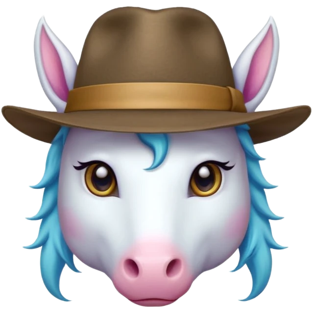 unicorn face cute wearing fedora, horn piercing through the hat looking in the camera emoji