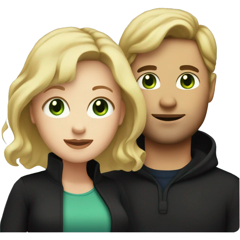 Pregnant blonde with a wavy bob and green eyes with brown haired husband with blue eyes both wearing black clothes emoji