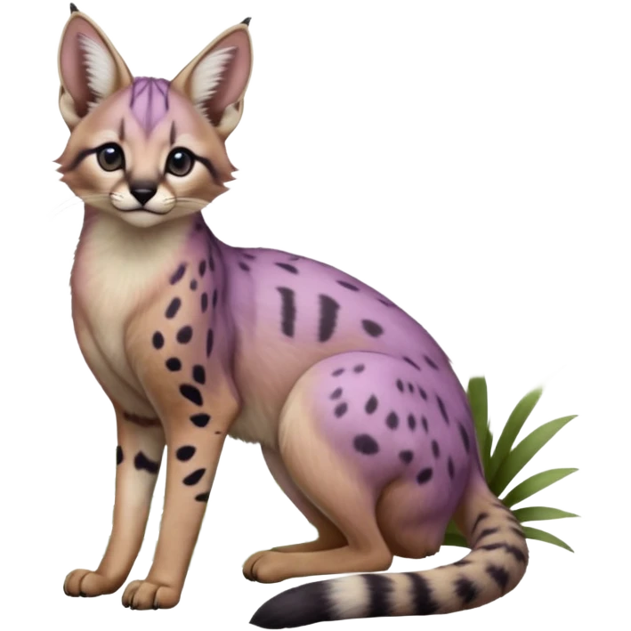 Realistic wild real life cute cool beautiful gorgeous floral pastel-lilac-violet-lavender caracal-serval-civet-genet-hybrid-animal-Fakémon-fursona photo IRL outside (full body) emoji