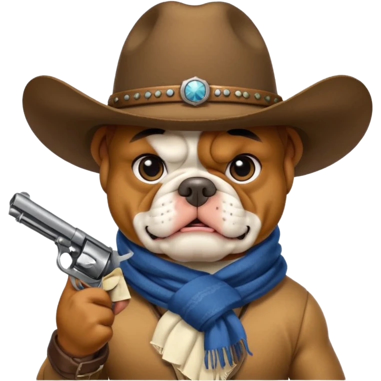 A bulldog wearing a cowboy hat, covering his mouth with a scarf so he wouldn't be recognized, pointing a revolver at you, telling you to hand over your money. emoji
