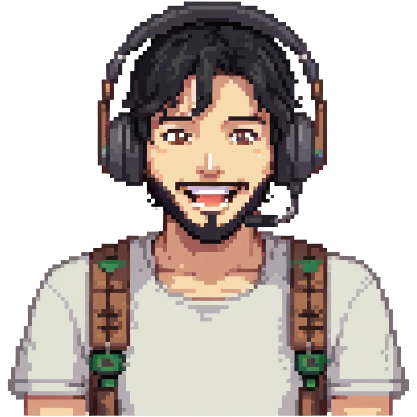 anime style laughing man with black hair, brown eyes, black beard wearing gaming headset emoji