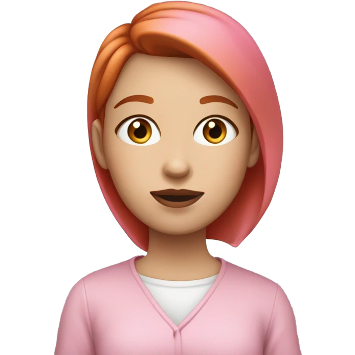 20 years old girl with straight short red hair, white skin, big pinky lips, big eyes, calm face, in pink clothes works on macbook emoji