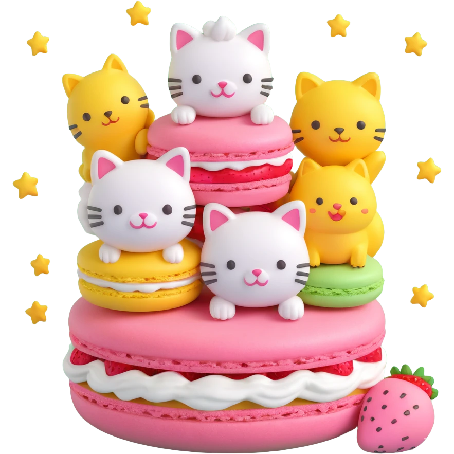 Recreate the exact image of a pink macaron with a strawberry and cream on top, filled with three cute animal faces (a white dog, a yellow chick, and a gray cat), surrounded by small yellow stars. Keep the composition and characters identical, but render in 3D iOS emoji style. emoji