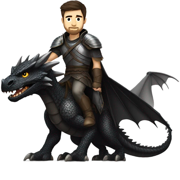 Confident armored White Man with dark brown hair and a short beard riding on the back of a giant armored black dragon emoji