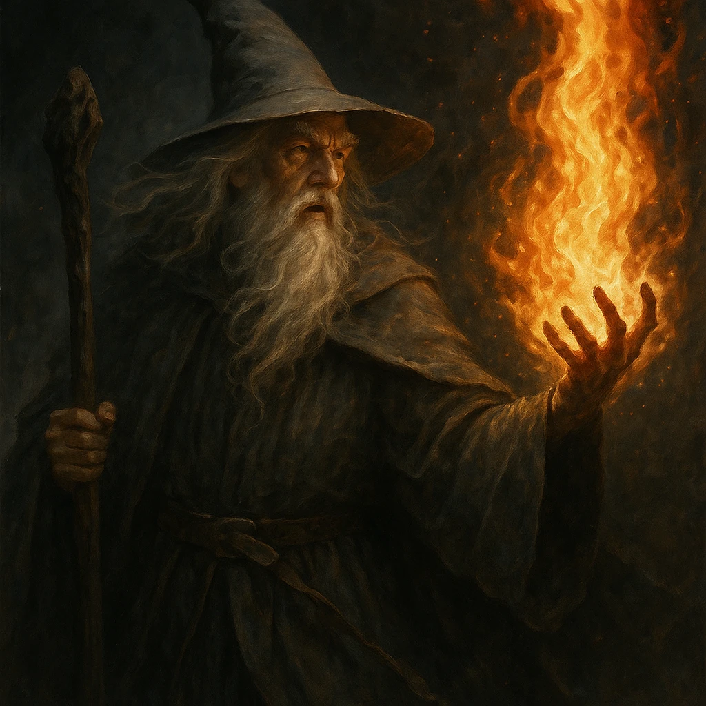 Gandalf wizard casting fire, detailed, fantasy style, dramatic lighting, mystical atmosphere emoji
