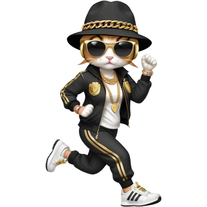female cat running upright wearing Run DMC hip-hop outfit, tracksuit, fedora, Adidas sneakers, dark sunglasses, many gold chains, bling accessories (rings, bracelets, earrings) emoji