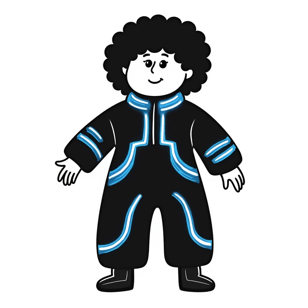 Cabbage Patch Kid in Tron suit with glowing blue lines, 80's retro sci-fi style emoji