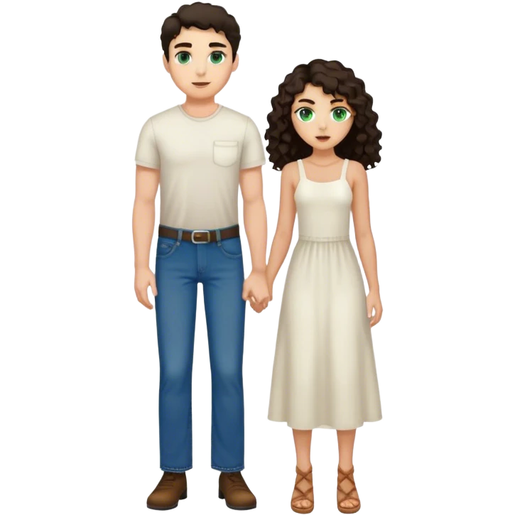One tall man with light skin, green blue eyes, short straight dark hair, wearing jeans. With one girl with tan skin and long curly dark hair and brown eyes wearing a white midi dress.  emoji
