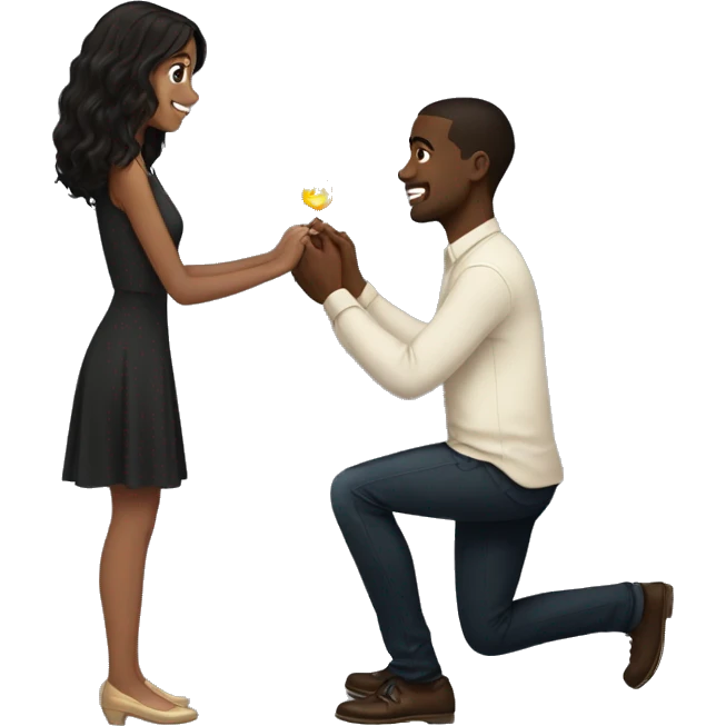 Black guy with short hair proposing on one knee with a ring to a standing light brown girl with long black hair emoji