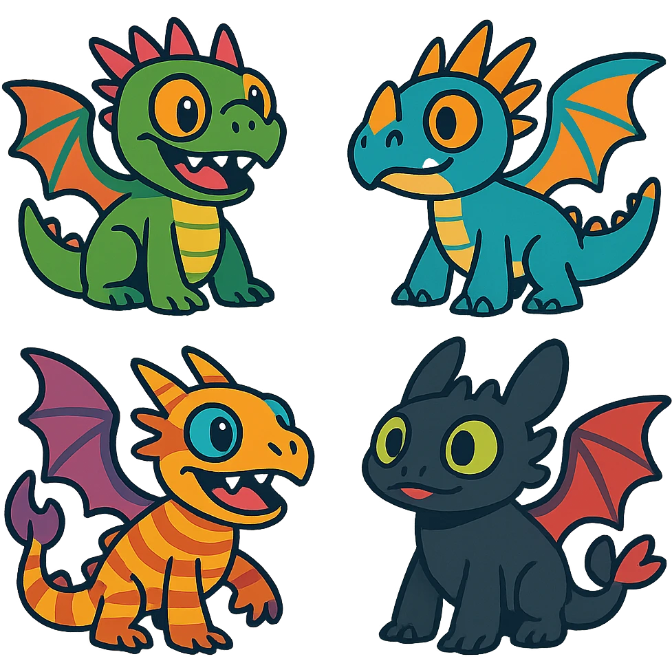 group of small, cute dragons from How to Train Your Dragon, fun and colorful style emoji