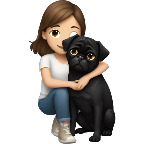 A girl with brown hair hugging a black pug dog emoji