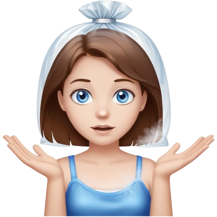 Brown hair blue eye Girl shrugging holding a clear plastic bag with white sparkly powder emoji