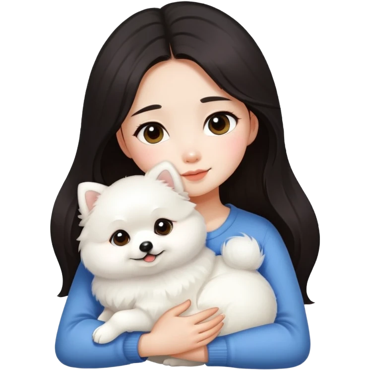 Dark hair Chinese girl hugging white Pomeranian  emoji