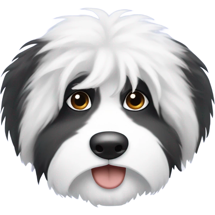 Fluffy Old English sheepdog face with the left half of his face black and the right half of his face white. White around the mouth and nose. Eyes should be completely half and half. No black on left side emoji