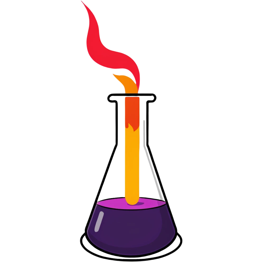 exothermic chemical reaction, beaker with fire and colorful effects emoji