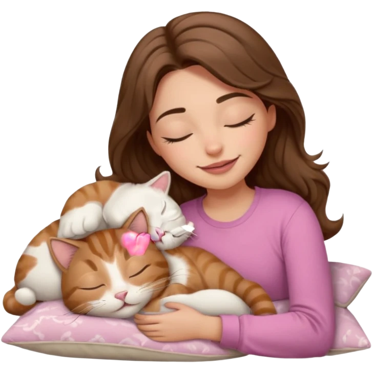 girl with wavy long brown hair, brown eyes, light to medium complexion, long lashes, light pink lipstick, smiling, wearing light pink shirt, sleeping on a cozy pillow, with brown tabby cat, sleeping emoji