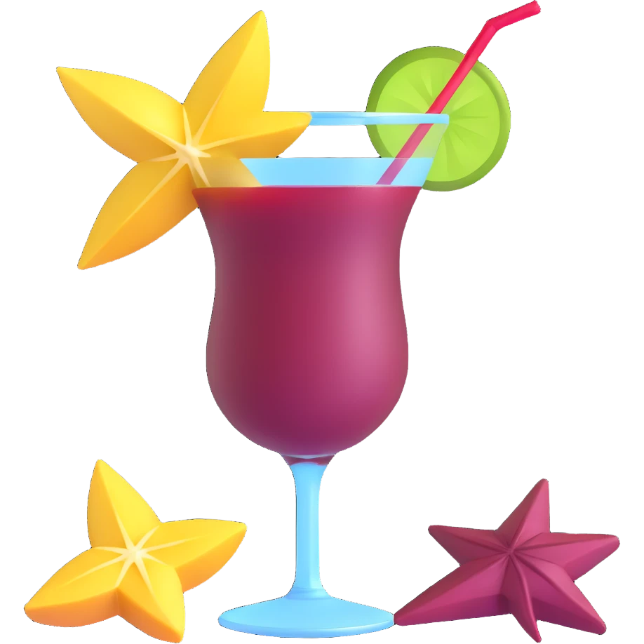 3D emoji style cocktail glass with burgundy drink and a starfruit slice emoji