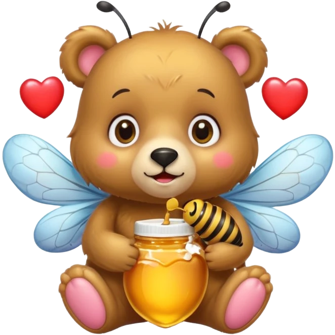 a cute bear with honey and bee and hearts, with big eyes emoji