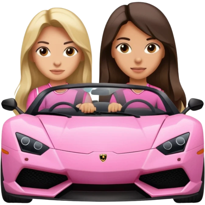 Make car far away so I can see full car Car facing forward in sports car. Make hair long  two girls in car far away Front of car sitting in the seats. Make it a pink sports car. They are two baddies make it a Lamborghini pink car  emoji
