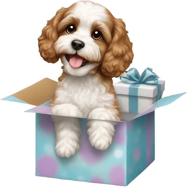 Brown and white cavapoo and gift box emoji