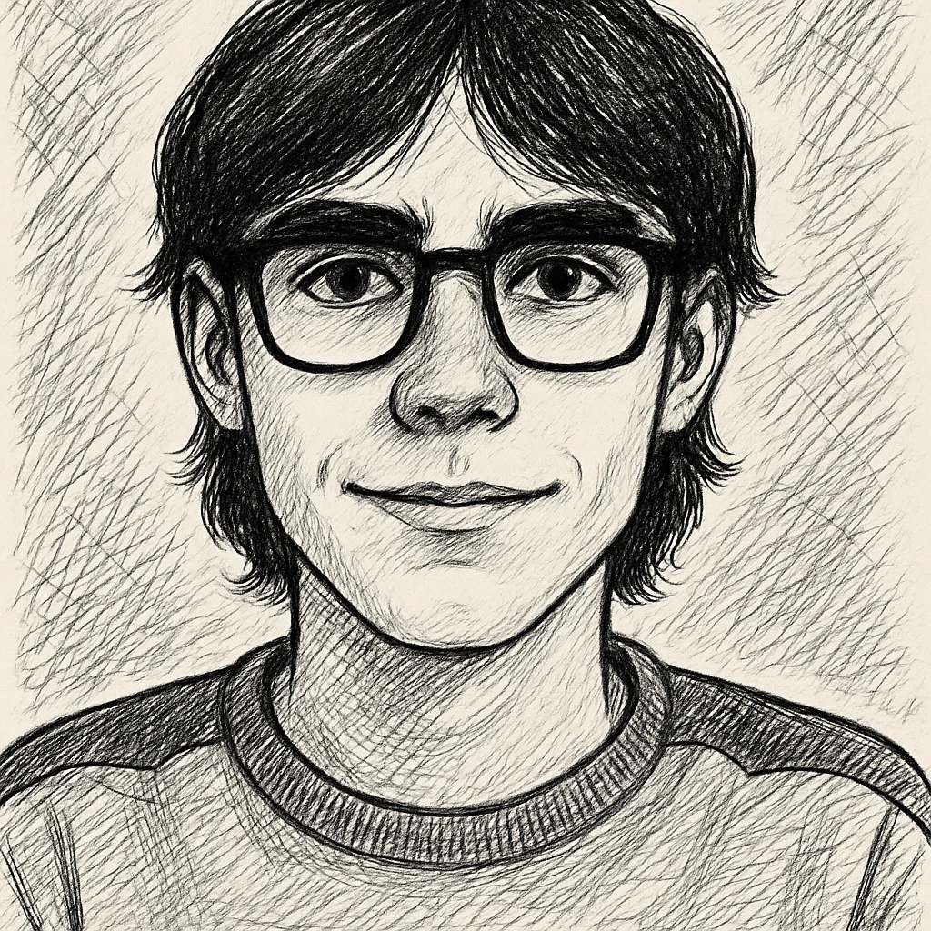 Dark-haired guy with hair to his earlobes, square black glasses, brown eyes, black doodle style emoji