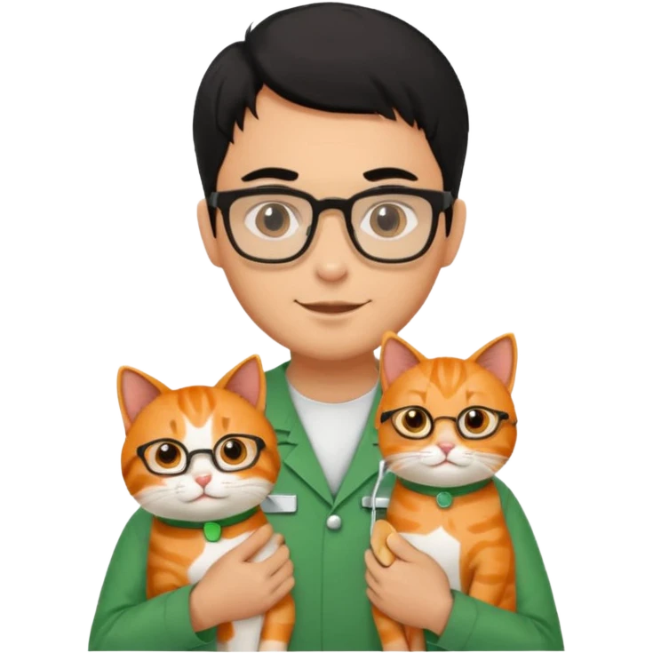 Veterinario hombre trigueño con lentes, con cabello negro, y con uniforme veterinario color verde cargando un gato naranja emoji