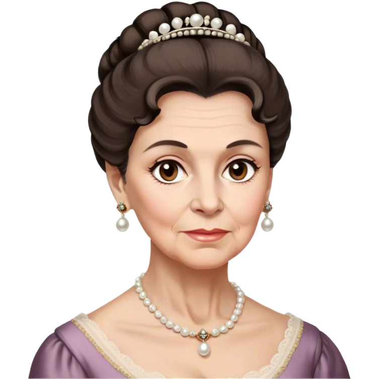 middle-old age lady with dark brown hair, styled in an elegant Regency-era updo, Soft brown eyes, kind but firm gaze, Wears delicate pearl earrings, emoji
