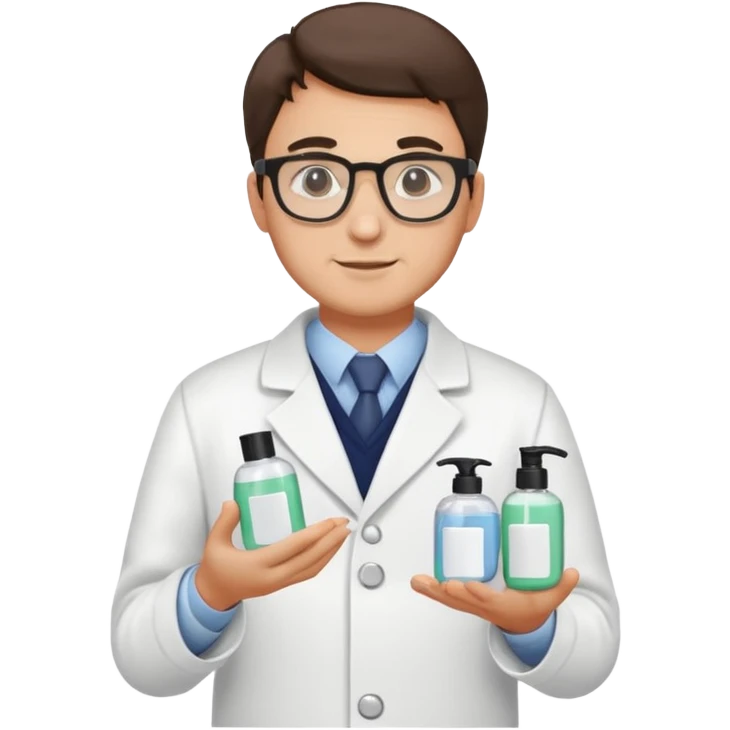 man with white coat and glasses holding skincare products emoji