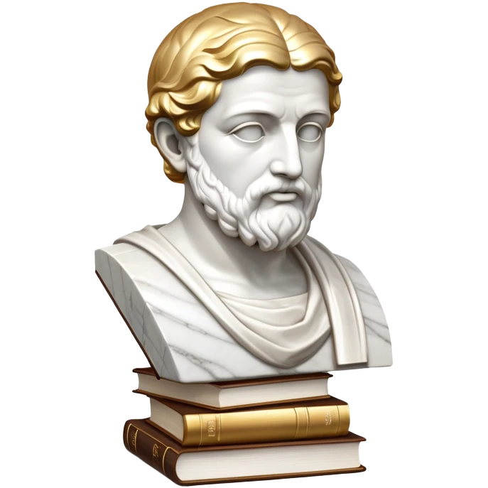 An icon featuring a classical bust, a book of philosophy, symbolizing the study of philosophy. The design includes an abstract symbol of thought and reasoning, representing deep intellectual inquiry and exploration of ideas. Transparent background emoji