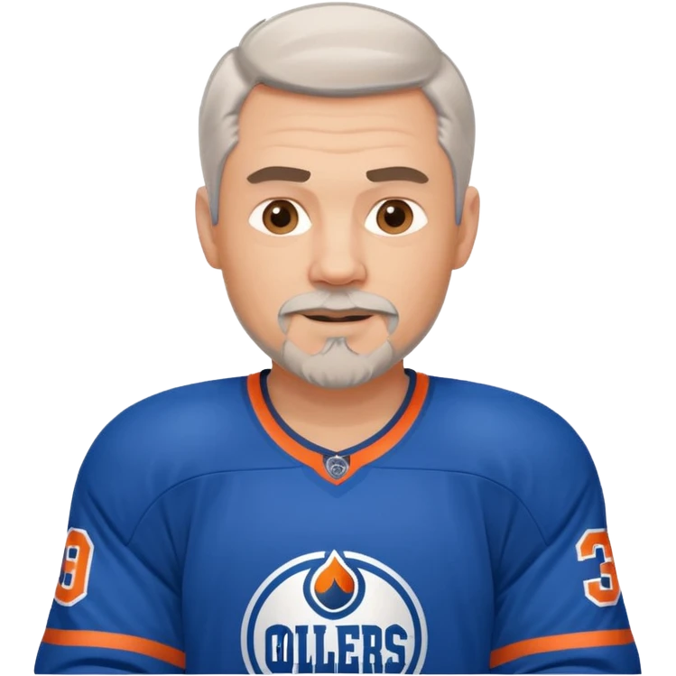 Handsome, muscular white man with gray hair and goatee, playing hockey and wearing an Oilers jersey emoji