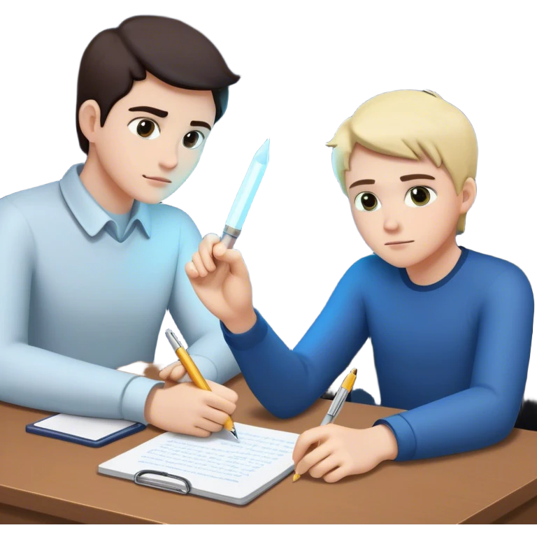 The present self sits at a desk, hesitating, while another glowing hand—representing the future self—rests reassuringly on their shoulder. In the other hand, the future self holds out a pen, gently encouraging action, symbolizing the power of starting despite doubt. emoji