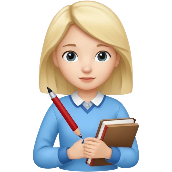 cute girl, glass, smart, Sky-blue colored clothing,
holding a book in one arm and a pen in the other hand.Holding a pen in the right hand as if teaching. emoji