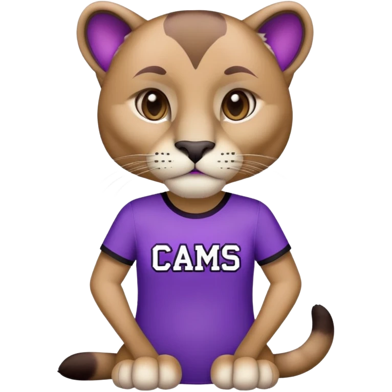 A cougar that has a pirple and black shirt on that says cams  emoji