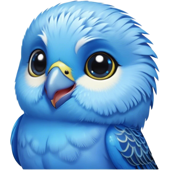 Cinematic Cute Blue Budgie Portrait Emoji, Head tilted playfully and inquisitively, featuring a brilliant blue feathered fur with a natural sheen, round, sparkling dark eyes filled with curiosity, Simplified yet irresistibly adorable features, highly detailed, glowing with a warm, friendly glow, high shine, affectionate and lively, stylized with a touch of whimsy, bright and endearing, soft glowing outline, capturing the essence of a mischievous yet loving budgie, so playful it feels like it could chirp out of the screen and into your arms! emoji