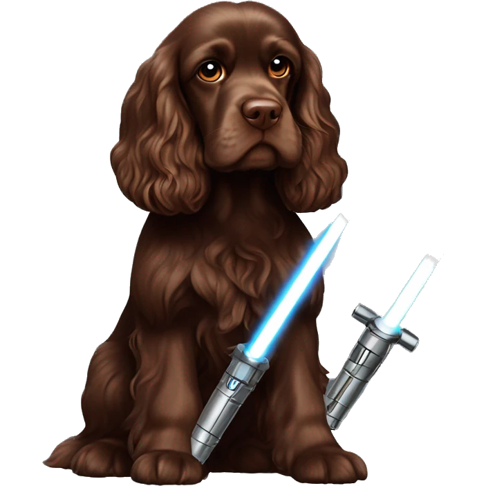 Chocolate brown cocker spaniel with lightsaber emoji