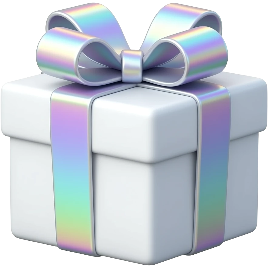 Hyperrealism, highly detailed wrapped gift, with a cute cute realistic detailed opalescent holographic iridescent ribbon, high definition, must have no emoji icons, no emoji symbols emoji