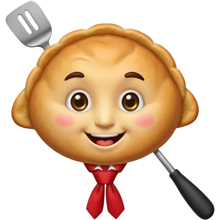 emoji style, happy fried empanada with face, big sparkling eyes, blushing cheeks, two buck teeth, red necktie, holding spatula, thick black outline, golden brown color, very cute and wholesome, transparent background emoji