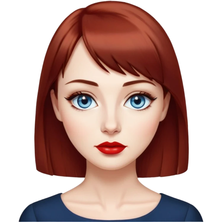 Creative 40-something woman with fair skin, oval face, striking blue eyes with dark eyeliner, thin eyebrows, small nose, full lips with bright red lipstick, dark auburn hair with straight bangs, slight age lines, wearing an elegant black blouse, artistic expression emoji
