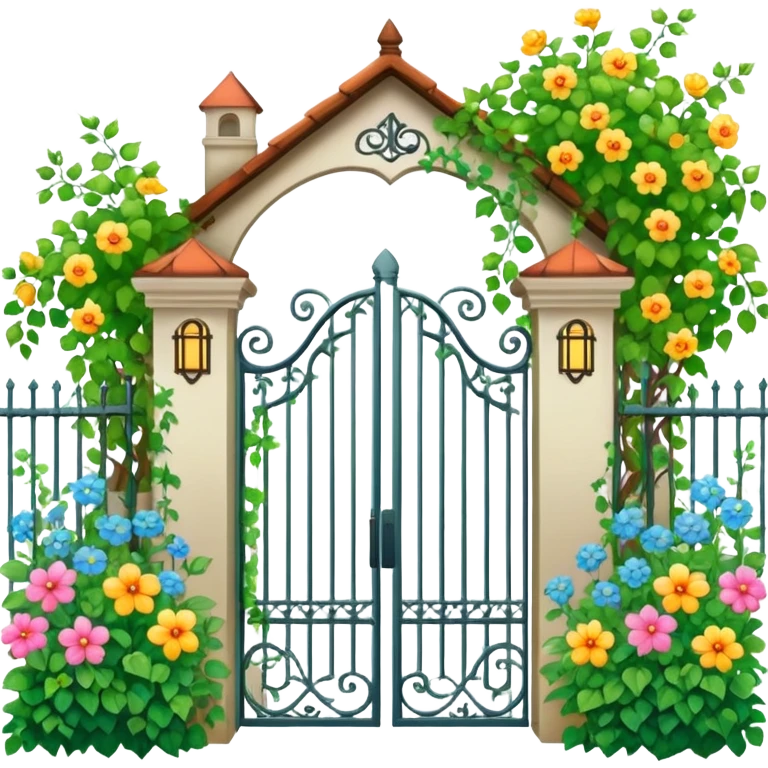 iron fence house entrance with vines, flowers and garden emoji